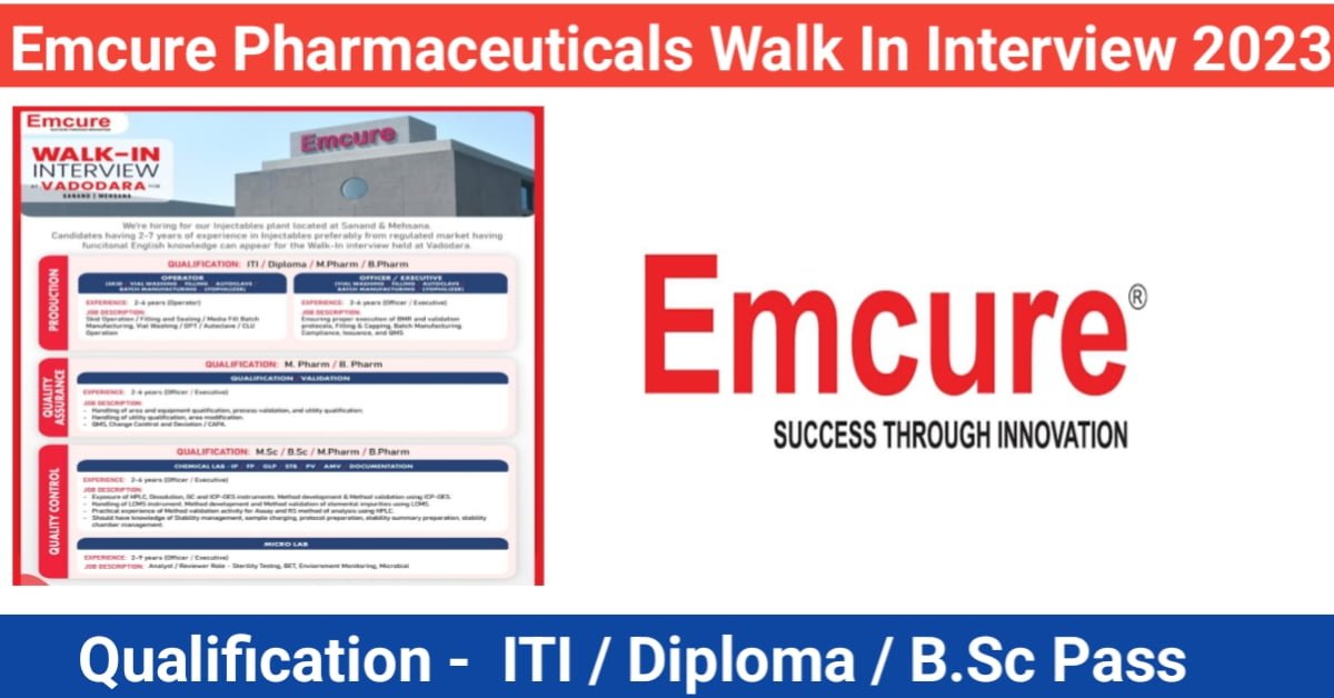 Emcure Pharmaceuticals Walk In Interview 2023